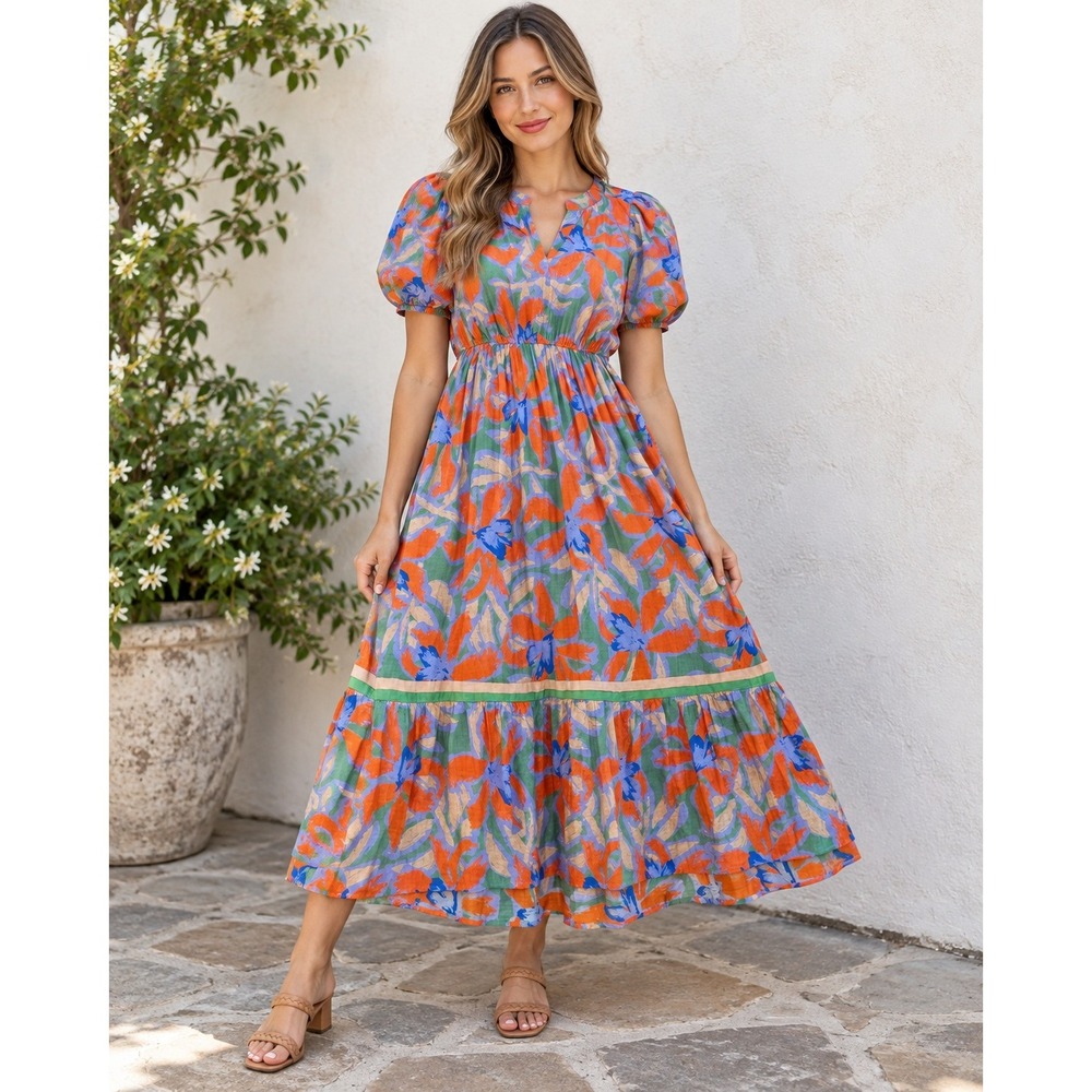 Umgee Midi Dress Multi-Color Floral Puff Sleeve Elastic Waist K9669